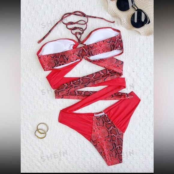 SXY Summer Beach Snakeskin Print Halter Bikini Set - Picture 4 of 5